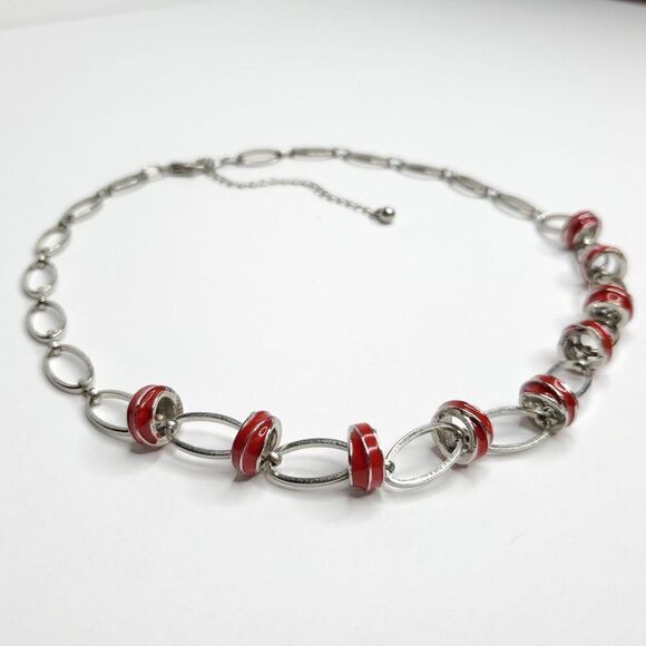 Vtg Silvertone Red Link Necklace Oval Link w/ Double Circle Floating Hoops - Picture 1 of 3